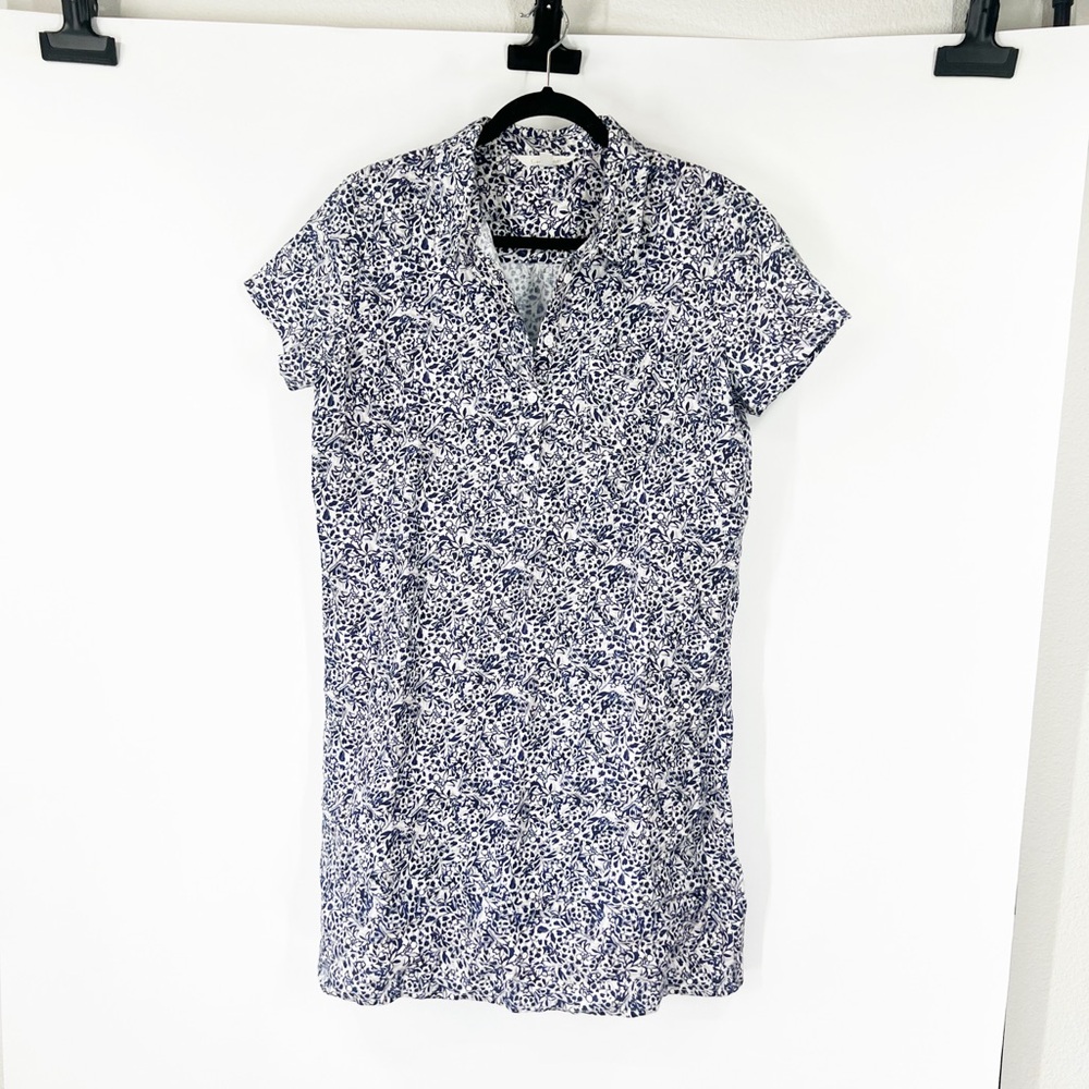 Garnet Hill Linen Relaxed Popover Shirt Dress Floral Printed